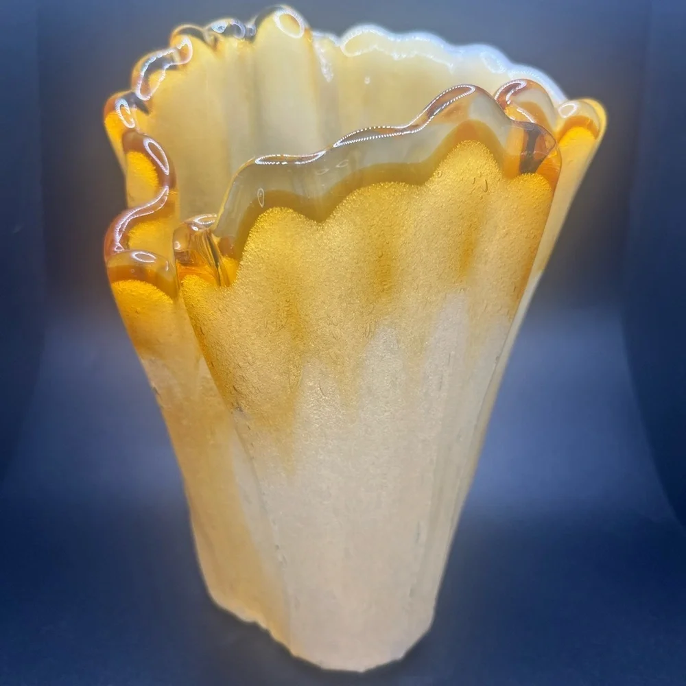 Vintage amber art glass vase handkerchief ruffle mid century murano style